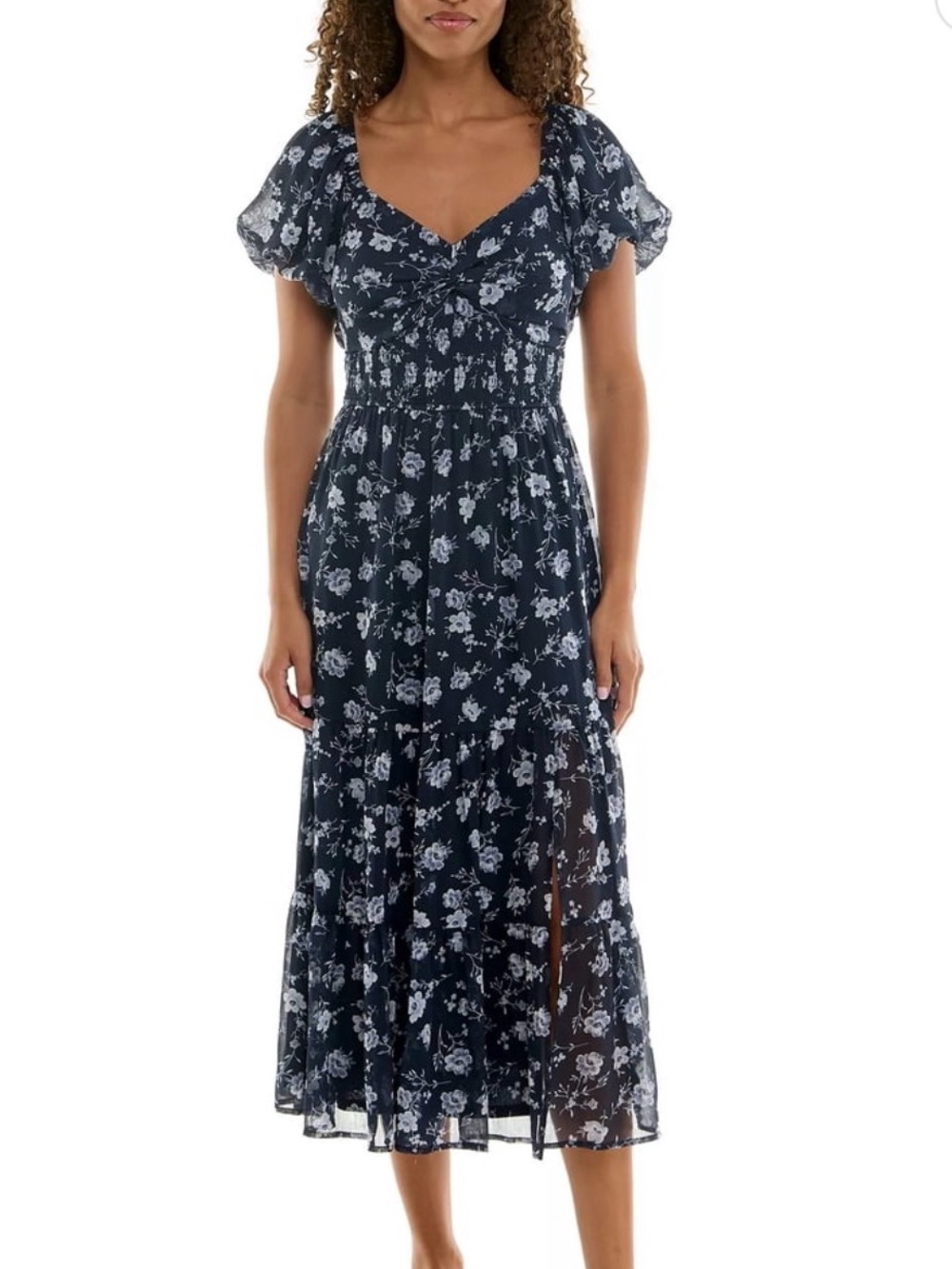 Trixxi Dark Blue Floral Puff Sleeve MIDI Dress